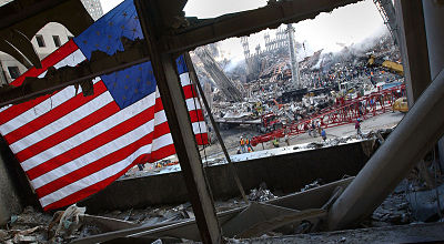 Ground Zero rubble and Old Glory