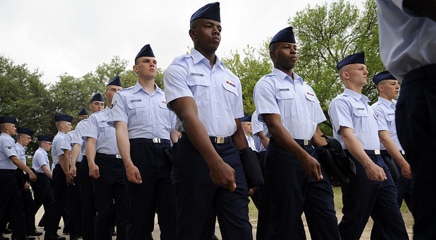 Airmen march during basic training at Lackland Air Force Base.