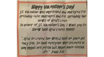 Nazareth, Pa., child sent home for homemade religious Valentines Day cards