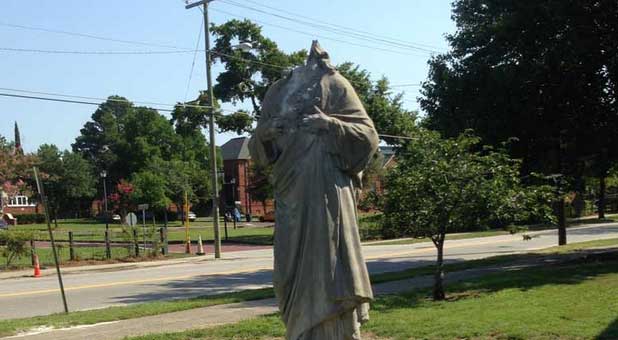 The vandalized Jesus statue in downtown Charleston, South Carolina