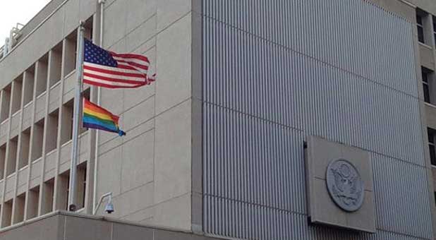 The U.S. Embassy in Tel Aviv flies the LGBT pride flag beneath the American flag in a recent photo uploaded to Facebook.