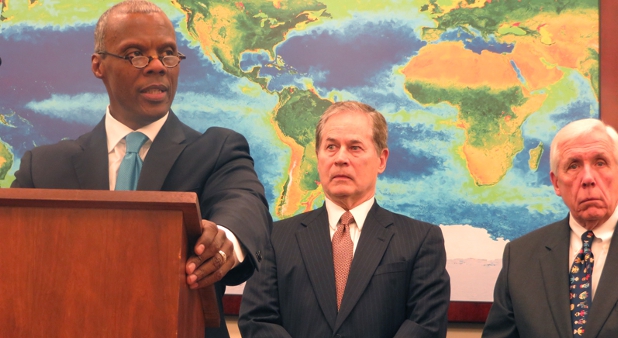 Former Rep. J.C. Watts Jr., R-Okla., left, speaks during the kickoff of the Charles Colson Task Force on Federal Corrections on Tuesday (Dec. 9, 2014). Watts will serve as chair of the panel with former Rep. Alan B. Mollohan, D-W.Va., center, as vice chair. The event was hosted by Rep. Frank Wolf, R-Va., right, and Rep. Chaka Fattah, D-Pa., not pictured, the chair and vice chair respectively of the House Appropriations Subcommittee on Commerce, Justice, Science and Related Agencies, which led the effort to create the task force.
