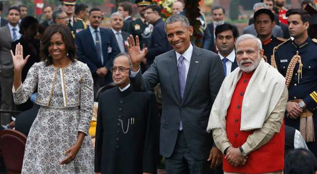 First lady Michelle Obama, U.S. President Barack Obama and Indian Prime Minister Narendra Modi.