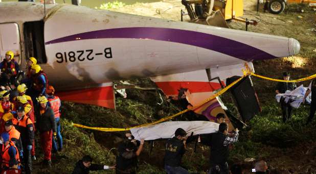 Wreckage in the aftermath of a Taiwanese plane crash