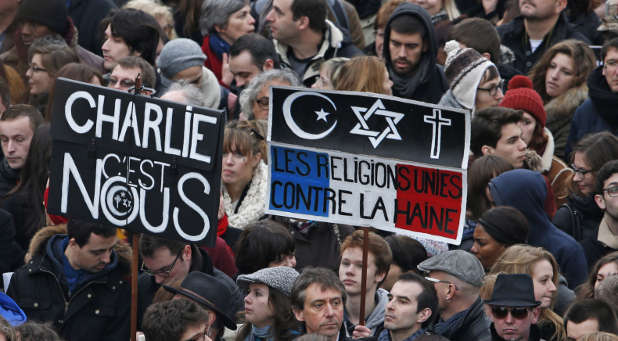 French citizens standing in solidarity with Charlie Hebdo, a magazine attacked by terrorists earlier this year.