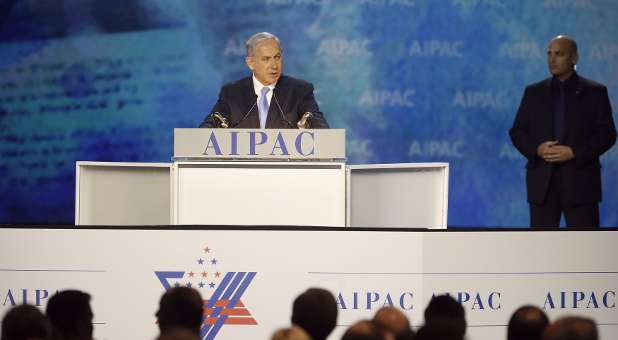 Israel's Prime Minister Benjamin Netanyahu addresses the American Israel Public Affairs Committee (AIPAC) policy conference.