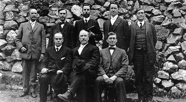 First executive presbytery in 1914. Seated (L-R): T.K. Leonard, E.N. Bell, Cyrus Fockler; Standing (L-R): John W. Welch, J. Roswell Flower, D.C.O. Opperman, Howard A. Goss, M.M. Pinson. (