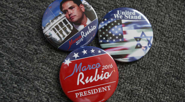 Republican candidate Marco Rubio's campaign buttons.