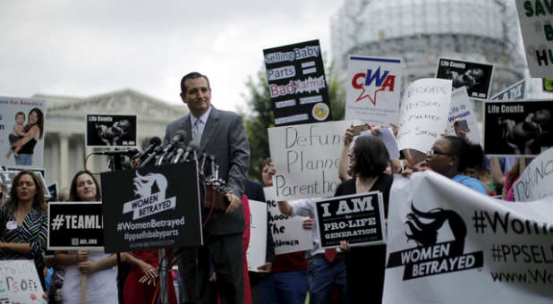 Republican candidate Ted Cruz speaks at a protest against Planned Parenthood in Washington, DC.