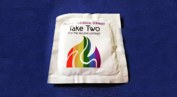 Chicago Theological Seminary was handing out these condoms at a festival.