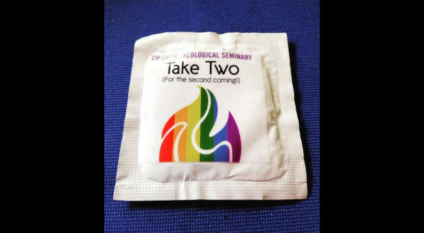 Chicago Theological Seminary was handing out these condoms at a festival recently.