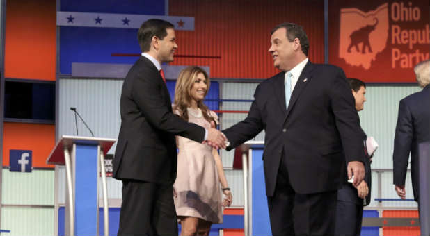 Marco Rubio and Chris Christie greet each other before Fox's Republican Debate.