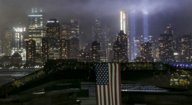 Tribute lights illuminate where the Twin Towers once stood.