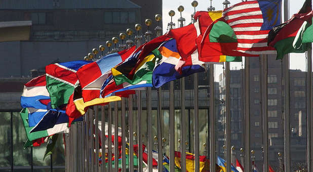 Flags wave outside the United Nations in New York.