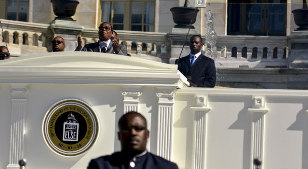 Nation of Islam leader Louis Farrakhan speaks from the steps of the U.S. Capitol at a rally billed as