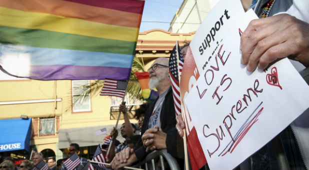 Gay-marriage supporters gather around the Supreme Court earlier this year.