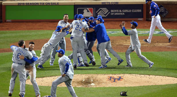 Members of the Kansas City Royals celebrate their first World Series championship in 30 years Sunday night.