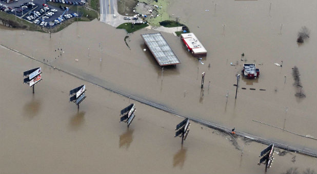 Buildings and roads sit underwater in Missouri.