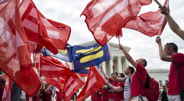 Supporters of gay marriage rally outside the U.S. Supreme Court.