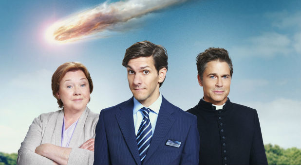 Left to right, Pauline Quirke as Paula Winton, Mathew Baynton as Jamie Winton, and Rob Lowe as Father Jude Sutton in
