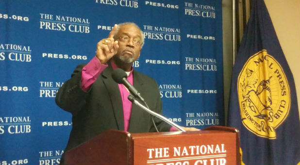 Episcopal Church Presiding Bishop Michael Curry, speaking to reporters at a news conference at the National Press Club