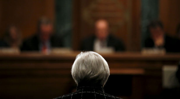 Federal Reserve Board Chair Janet Yellen testifies before a Senate Banking, Housing and Urban Affairs Committee hearing.