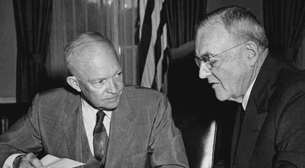 President Dwight D. Eisenhower (l) with Secretary of State John Dulles, in 1956.