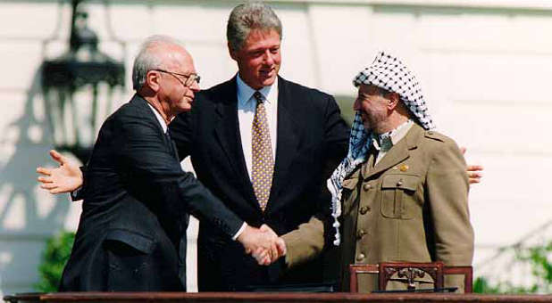 (From left): Israel's Yitzhak Rabin, U.S. President Bill Clinton and Yasser Arafat signed the Oslo Accords at the White House in 1993.