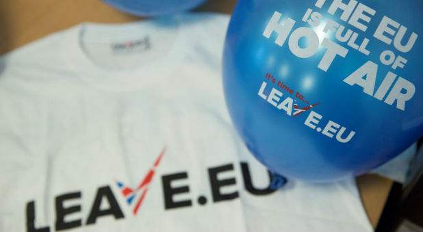 Branded merchandise is seen in the office of pro-Brexit group pressure group
