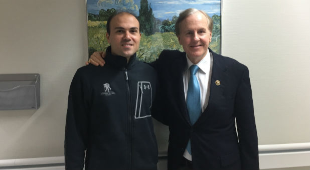 Saeed Abedini, a pastor from Idaho is pictured with Congressman Robert Pittenger at Landstuhl Regional Medical Center in Landstuhl, Germany.