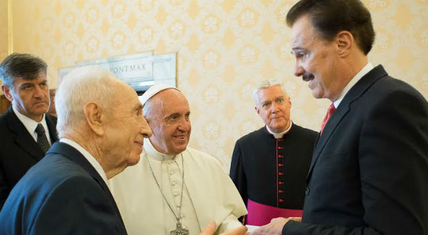His Holiness Pope Francis, Israel's 9th President Shimon Peres, and Dr. Mike Evans Founder of the Friends of Zion Museum.