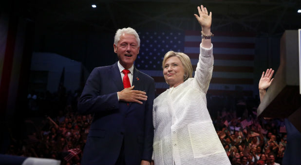Former President Bill Clinton joins wife Hillary Clinton to celebrate her historic win.