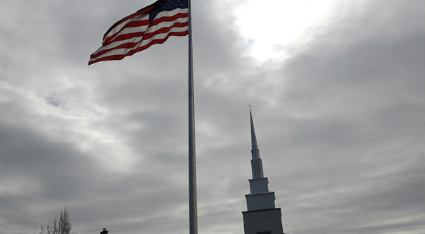 A U.S. flag flies on the grounds of Rock Springs Baptist Church in Easley, S.C
