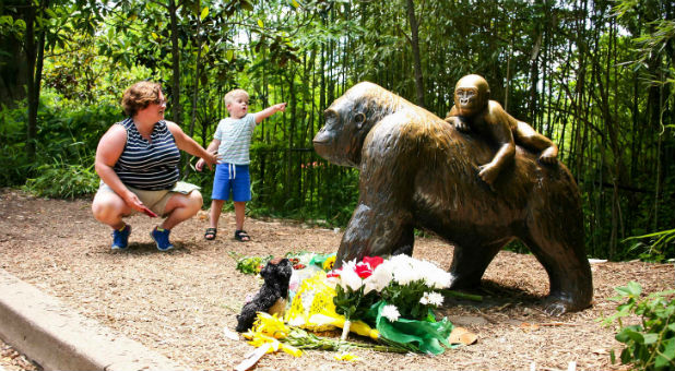A mother and her child visit a bronze statue of a gorilla outside the Cincinnati Zoo's Gorilla World exhibit in Cincinnati, Ohio