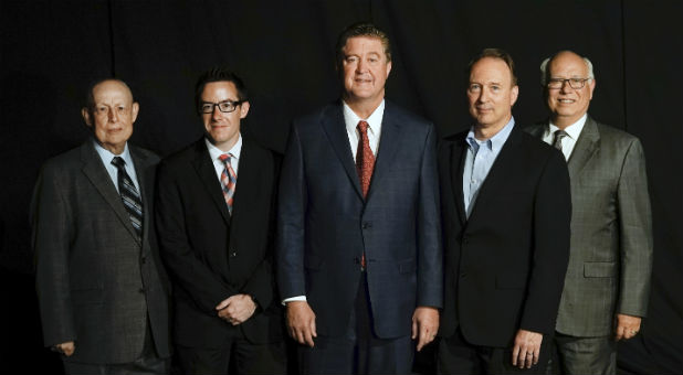 Newly-elected officers of the Southern Baptist Convention (left to right) are Jim Wells, registration secretary; Malachi O'Brien, second vice president; Steve Gaines, president; Doug Munton, first vice president; and John Yeats, recording secretary. The officers were elected Wednesday, June 15 during the annual meeting of the Southern Baptist Convention in St. Louis.