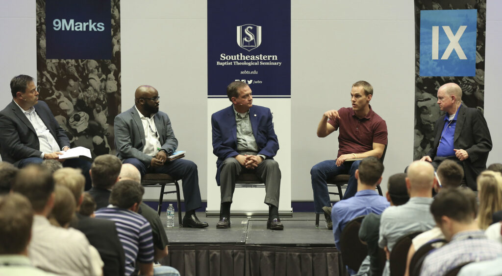 (Left to right) Mark Dever, senior pastor of Capitol Hill Baptist Church in Washington, D.C., and president of 9Marks; H.B. Charles, pastor of Shiloh Metropolitan Baptist Church in Jacksonville, Fla.; R. Albert Mohler Jr., president of Southern Baptist Theological Seminary; David Platt, president of the International Mission Board; and Danny Akin, president of Southeastern Baptist Theological Seminary, participate in a panel discussion.