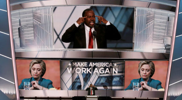 Ben Carson discusses Hillary Clinton while on stage at the RNC.