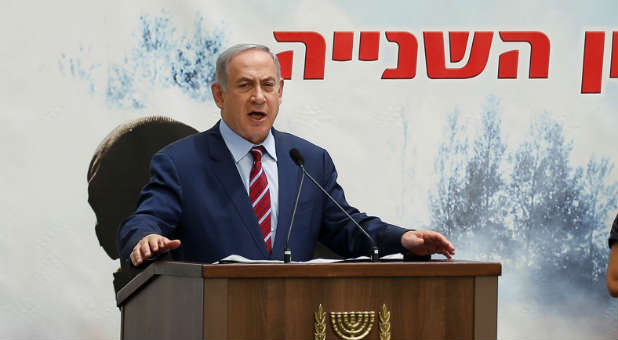 Israeli Prime Minister Benjamin Netanyahu speaks during an official memorial ceremony.