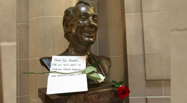 A thank you note and two roses are seen on a bust of former San Francisco Supervisor and gay rights pioneer Harvey Milk in San Francisco City Hall in San Francisco, California