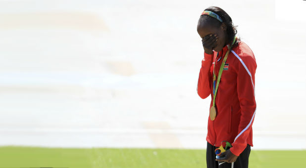 Gold medallist Jemima Sumgong (KEN) of Kenya reacts