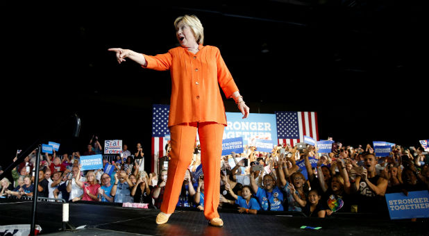 U.S. Democratic presidential nominee Hillary Clinton arrives during a campaign rally in Kissimmee, Florida