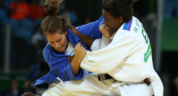 Maria Bernabeu of Spain and Linda Bolder of Israel (in blue) compete in Judo during the 2016 Olympic Games in Rio de Janeiro, Brazil.