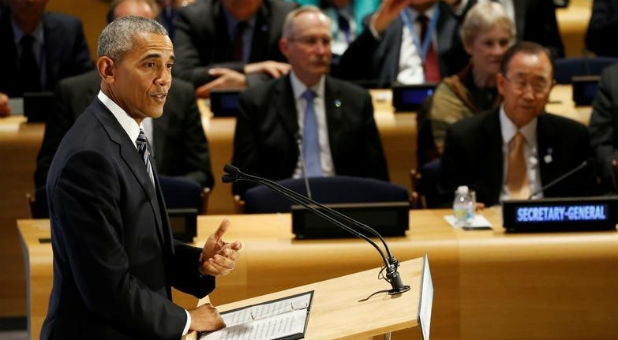 U.S. President Barack Obama speaks during a High Level Leaders Meeting on Refugees on the sidelines of the United Nations General Assembly at United Nations headquarters