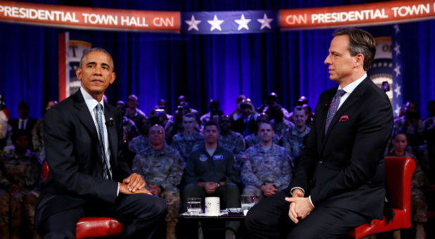 U.S. President Barack Obama holds a town hall meeting with members of the military community hosted by CNN's Jake Tapper at Fort Lee in Virginia