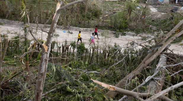 People walk down the street next to destroyed houses and fallen trees after Hurricane Matthew passes Jeremie, Haiti