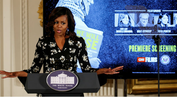 First Lady Michelle Obama speaks before a viewing of a new documentary called