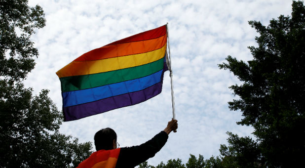 A supporter of same-sex marriage waves a rainbow flag during a rally outside the Legislative Yuan in Taipei, Taiwan