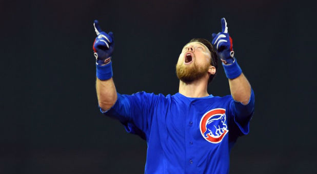 Chicago Cubs outfielder Ben Zobrist celebrates after hitting a RBI double against the Cleveland Indians in the 10th inning in game seven of the 2016 World Series at Progressive Field.