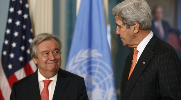 United States Secretary of State John Kerry (R) meets with United Nations Secretary-General designate Antonio Gutterres at the State Department in Washington