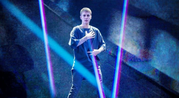 Singer Justin Bieber performs on stage in Telia Parken Stadium in Copenhagen, Denmark